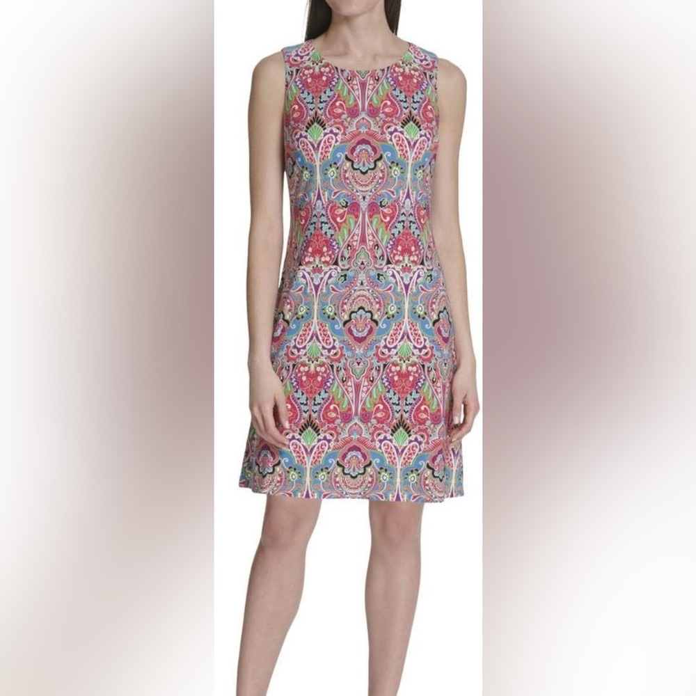 TOMMY HILFIGER Womens Pink Paisley Jewel Neck Shift Dress - Size 6